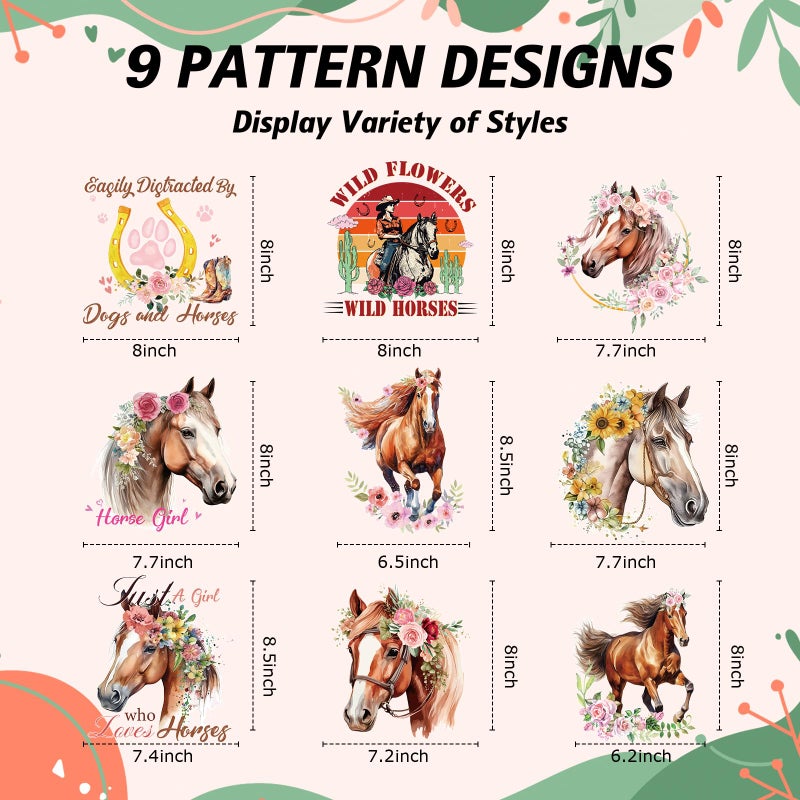 Shejdgart Dtf Transfers Ready to Press - 9Pcs Horse Iron on Transfers for T-shirts Western Heat Transfer Vinyl Stickers Watercolor Iron on Patches Decals for Clothes Pillow Bag DIY Crafts Fabric Decor - Image 2