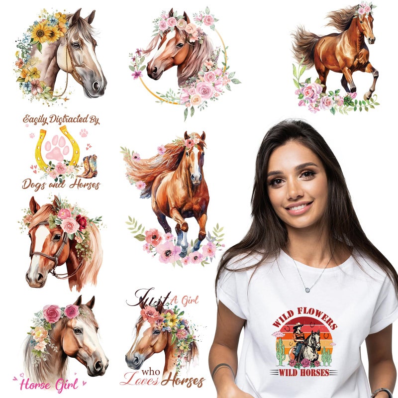 Shejdgart Dtf Transfers Ready to Press - 9Pcs Horse Iron on Transfers for T-shirts Western Heat Transfer Vinyl Stickers Watercolor Iron on Patches Decals for Clothes Pillow Bag DIY Crafts Fabric Decor - Image 1