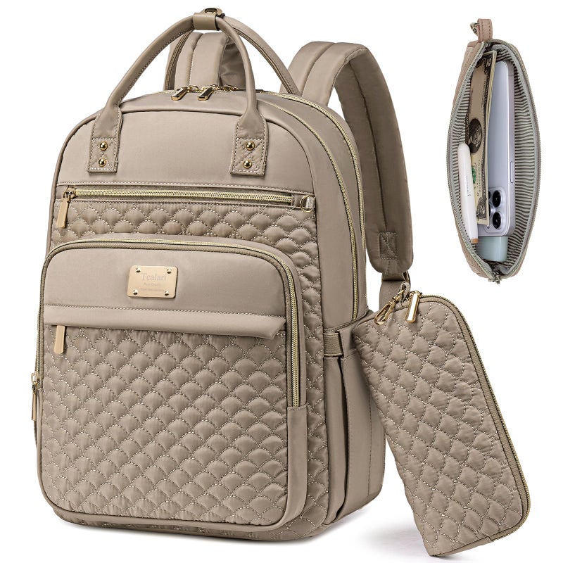 Tealari Laptop Backpack for Women,15.6 Inch Laptop Backpack for Work,Water Resistant Travel Backpack,College Bookbag with Wallet (Khaki) - Image 1