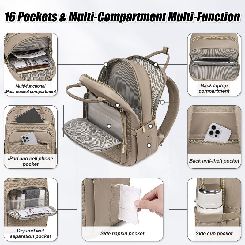 Tealari Laptop Backpack for Women,15.6 Inch Laptop Backpack for Work,Water Resistant Travel Backpack,College Bookbag with Wallet (Khaki) - Image 4