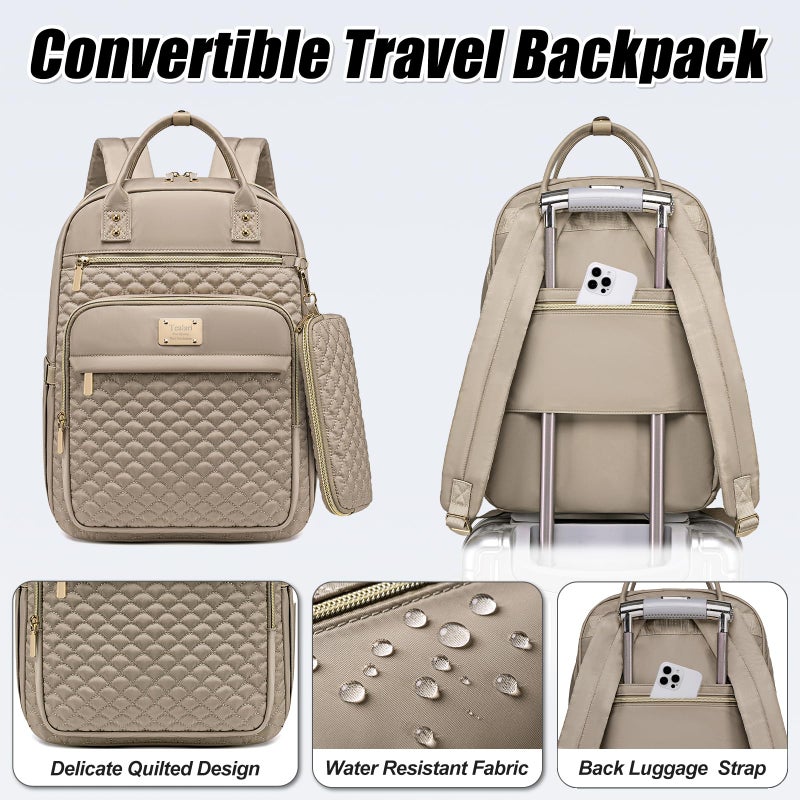 Tealari Laptop Backpack for Women,15.6 Inch Laptop Backpack for Work,Water Resistant Travel Backpack,College Bookbag with Wallet (Khaki) - Image 5