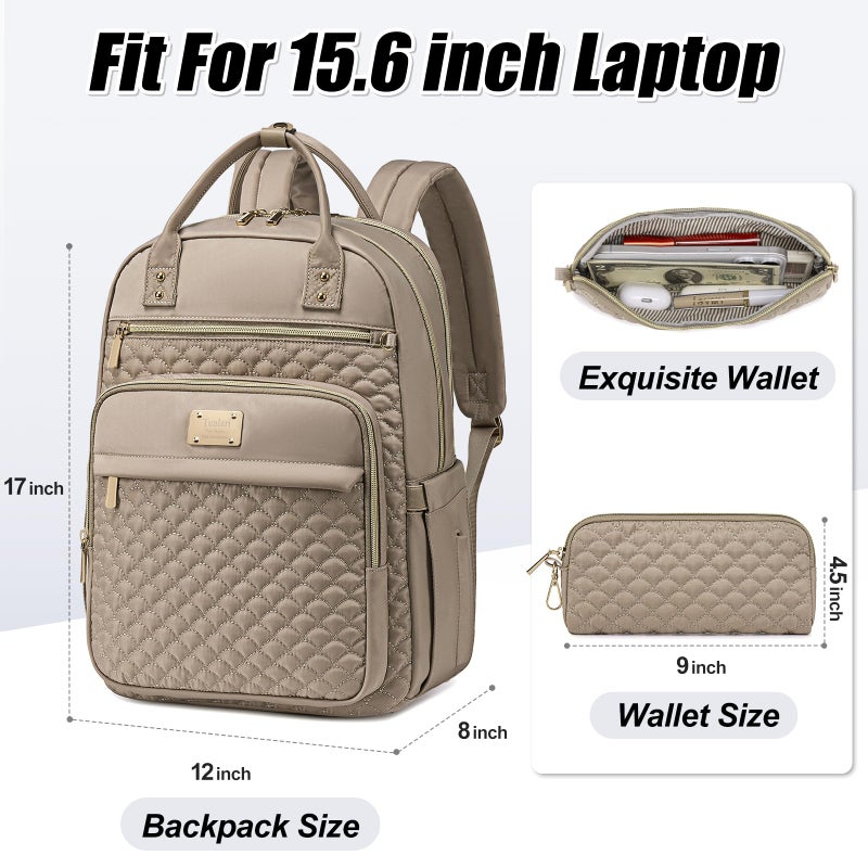 Tealari Laptop Backpack for Women,15.6 Inch Laptop Backpack for Work,Water Resistant Travel Backpack,College Bookbag with Wallet (Khaki) - Image 2