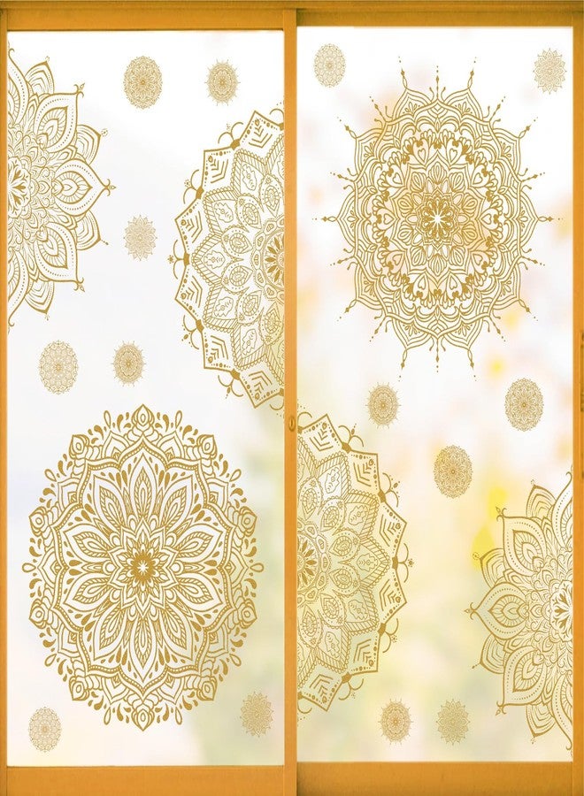Kazova ملصقات نوافذ ماندالا ذهبية، ملصقات نوافذ ثابتة مزدوجة الجوانب على شكل زهرة اللوتس، ملصقات نوافذ غير لاصقة للزجاج، ملصقات ماندالا قابلة لإعادة الاستخدام من الفينيل، ملصقات نوافذ مضادة للصدمات - Image 1