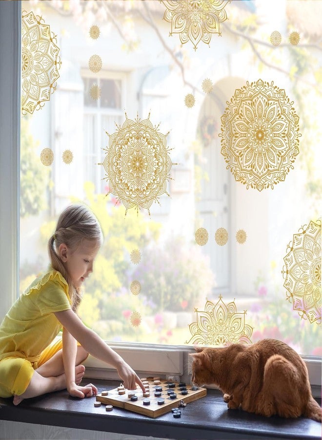 Kazova ملصقات نوافذ ماندالا ذهبية، ملصقات نوافذ ثابتة مزدوجة الجوانب على شكل زهرة اللوتس، ملصقات نوافذ غير لاصقة للزجاج، ملصقات ماندالا قابلة لإعادة الاستخدام من الفينيل، ملصقات نوافذ مضادة للصدمات - Image 5