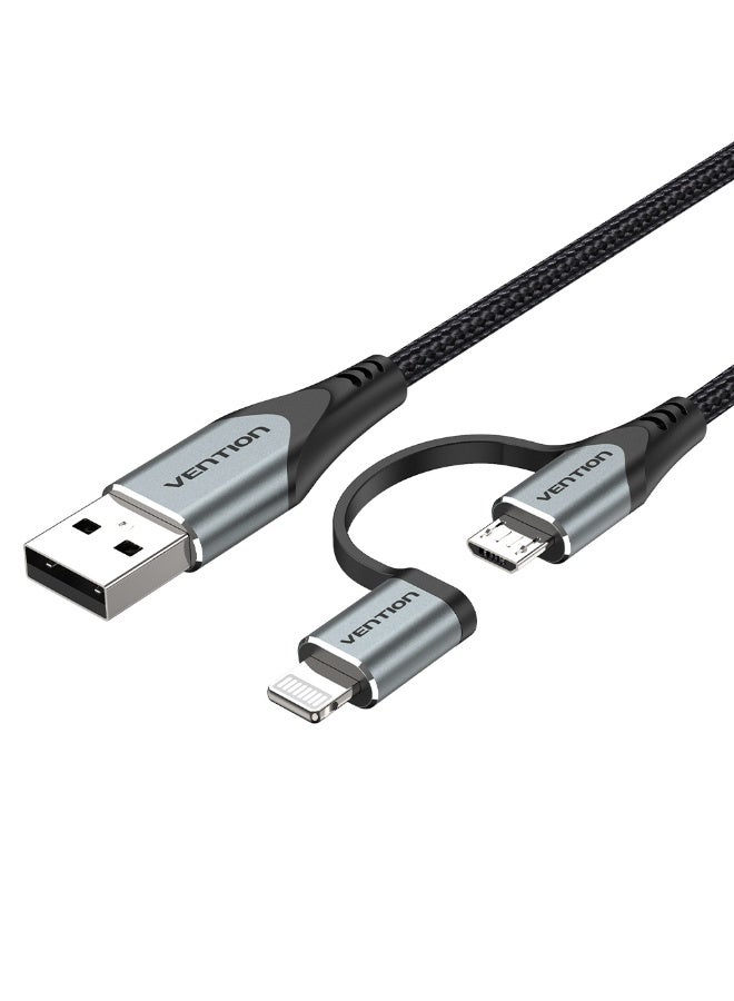 VENTION USB 2.0 A Male to 2-in-1 Micro-B&Lightning Male Cable 0.5M Gray Aluminum Alloy Type Model # CQHHD - Image 1