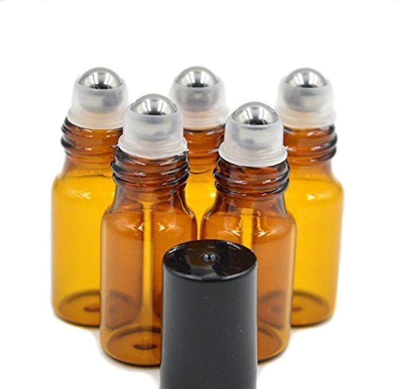 WOIWO 5 PCS Amber Empty Brown Glass Rollon Bottles With Stainless Steel Roller Balls And Black Cap For Essential Oil Perfumes Lip Balms 5 ML
