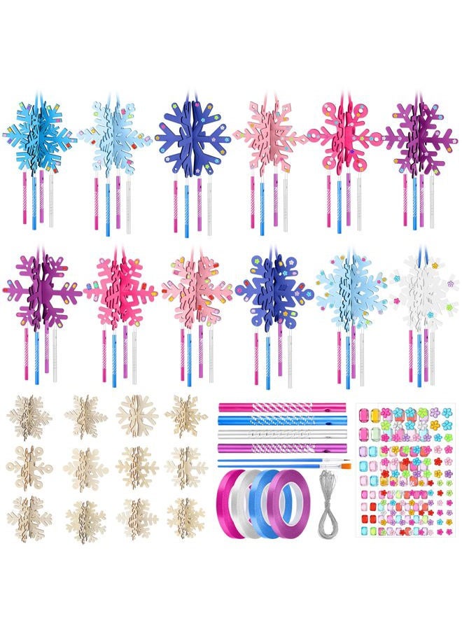 MiniInflat 36 Sets Winter Crafts Snowflake Wind Chime Making Kit Make Your Own Snowflake Wind Chime Wooden Crafts Ornaments DIY to Paint Snowflake Craft for Winter Party Supplies - Image 1