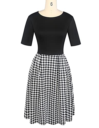 oxiuly Women's Classis Plaid Vintage Dress Fit and Flare Swing Casual Party Dresses with Pockets OX165 (BK-xiaoPlaid, L) - Image 2
