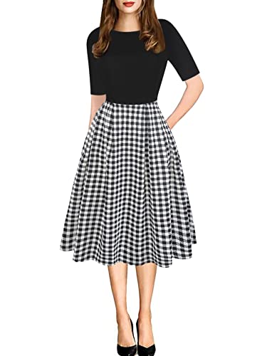 oxiuly Women's Classis Plaid Vintage Dress Fit and Flare Swing Casual Party Dresses with Pockets OX165 (BK-xiaoPlaid, L) - Image 1