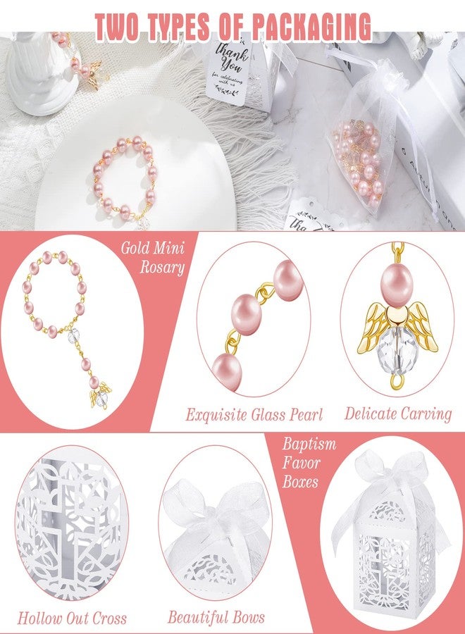 Mtlee 100 Pieces Baptism Rosary Sets Includes 25 Mini Baptism Rosary with Angel, 25 Favor Boxes, 25 Organza Bags and 25 Thank Kraft Tags for Wedding Baby Shower Decor(Pink with Gold) - Image 3