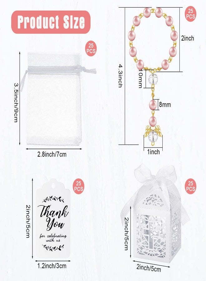 Mtlee 100 Pieces Baptism Rosary Sets Includes 25 Mini Baptism Rosary with Angel, 25 Favor Boxes, 25 Organza Bags and 25 Thank Kraft Tags for Wedding Baby Shower Decor(Pink with Gold) - Image 2