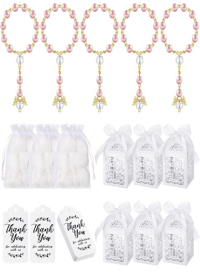 Mtlee 100 Pieces Baptism Rosary Sets Includes 25 Mini Baptism Rosary with Angel, 25 Favor Boxes, 25 Organza Bags and 25 Thank Kraft Tags for Wedding Baby Shower Decor(Pink with Gold) - Image 1