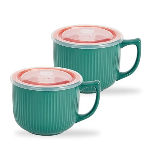 Hoilse Ceramic Soup Bowl with Handle 32oz – Microwave Ramen Bowl with Lid, Soup Mugs & Cups for Cereal, Oatmeal, Ramen, Instant Noodle, Soup Container with Lid - Set of 2 (Green) - Image 1