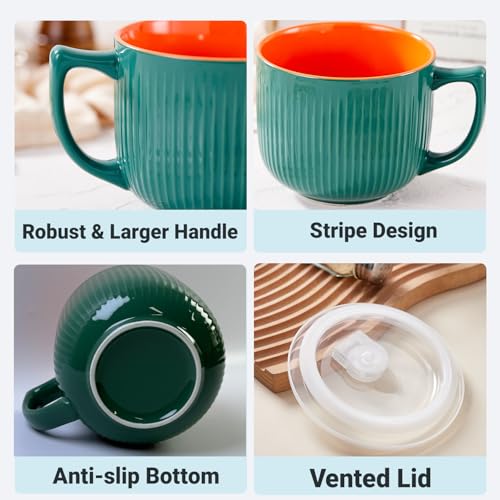 Hoilse Ceramic Soup Bowl with Handle 32oz – Microwave Ramen Bowl with Lid, Soup Mugs & Cups for Cereal, Oatmeal, Ramen, Instant Noodle, Soup Container with Lid - Set of 2 (Green) - Image 4