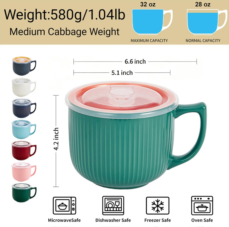 Hoilse Ceramic Soup Bowl with Handle 32oz – Microwave Ramen Bowl with Lid, Soup Mugs & Cups for Cereal, Oatmeal, Ramen, Instant Noodle, Soup Container with Lid - Set of 2 (Green) - Image 2