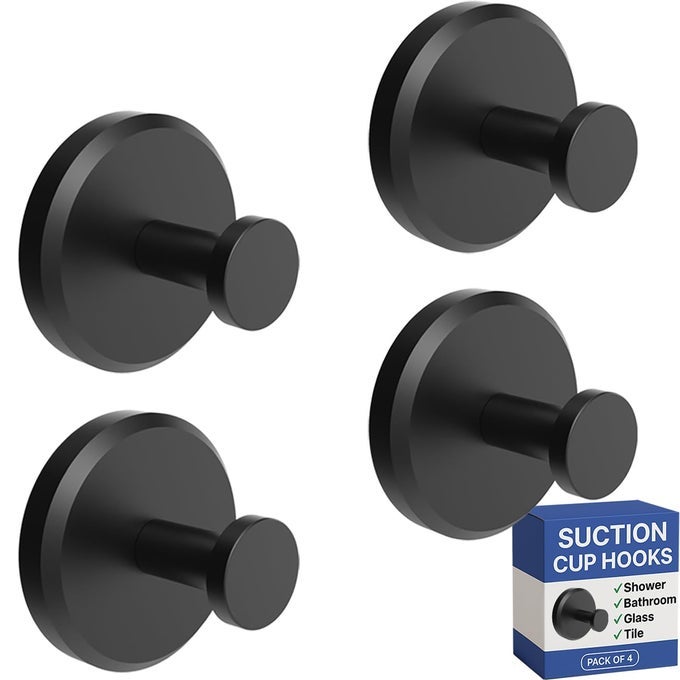 SUCTION CUP HOOKS FOR SHOWER BATHROOM KITCHEN GLASS DOOR MIRROR TILE LOOFAH TOWEL COAT BATH ROBE HOOK HOLDER FOR HANGING UP TO 15 LBS WATERPROOF RUSTPROOF MATTE BLACK 4PACK
