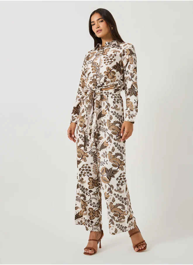 Styli Printed Spread Collar Shirt and Wide Leg Pants Co-Ords
