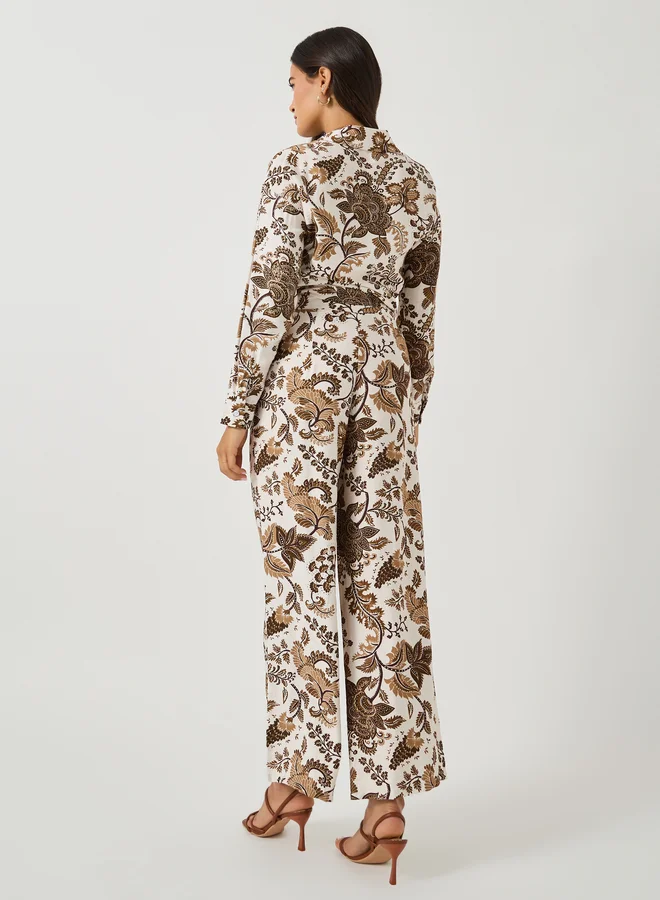 Styli Printed Spread Collar Shirt and Wide Leg Pants Co-Ords