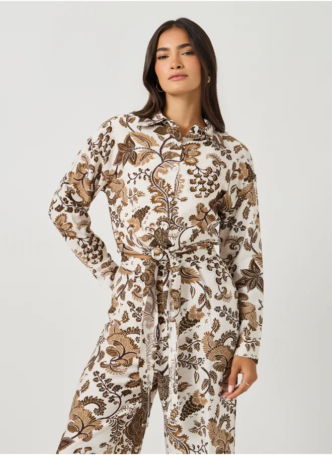 Styli Printed Spread Collar Shirt and Wide Leg Pants Co-Ords