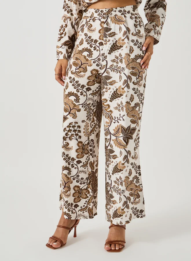 Styli Printed Spread Collar Shirt and Wide Leg Pants Co-Ords