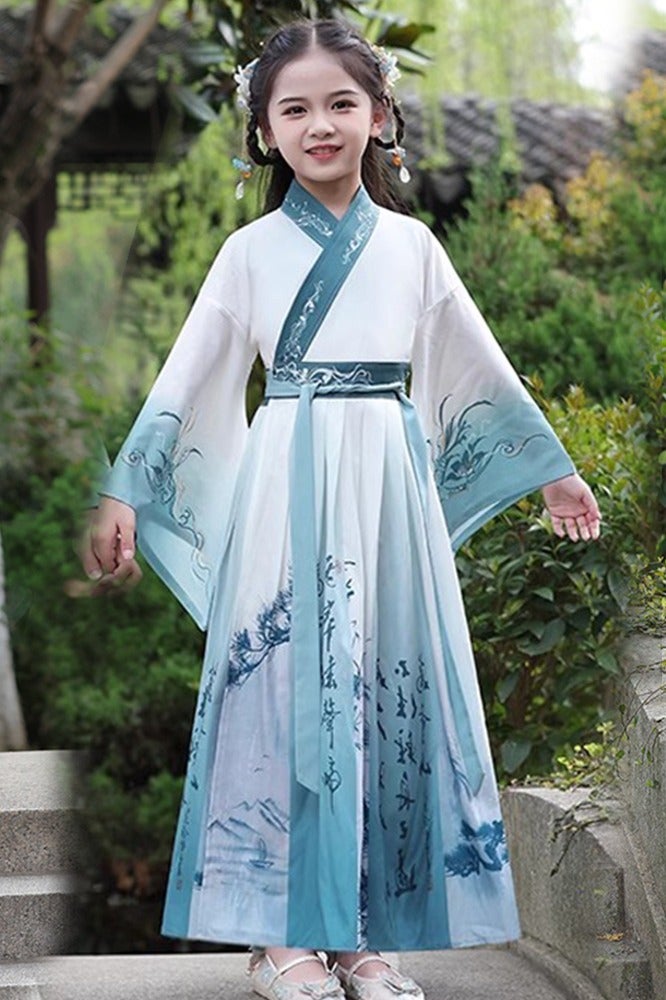 liannaner Girl's Chinese Traditional Hanfu Dress – Elegant Wide Sleeve, Waist-Tied Long Gown for Kids School Opening Ceremony & Cultural Performance - Image 4