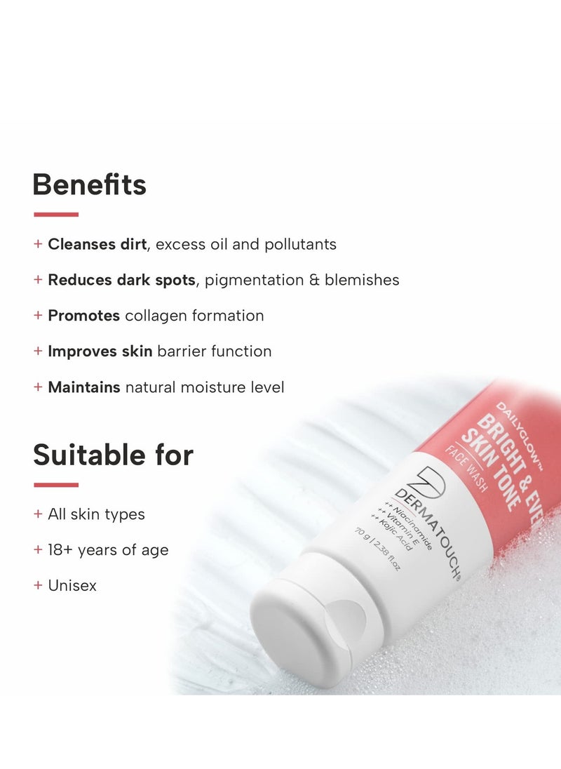 DERMATOUCH DERMATOUCH Bright & Even Tone Face Wash with Niacinamide, Vitamin E and Kojic Acid | Daily Gentle Face Cleanser For Tan, Pigmentation, Uneven Tone, Dark Spot Removal - 70G  - Image 2