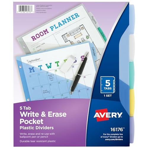 Avery Write & Erase Pocket Plastic Dividers for 3 Ring Binders, 5 Tab Set, Works with Sheet Protectors, Multicolor, 1 Set (16176) - Image 1