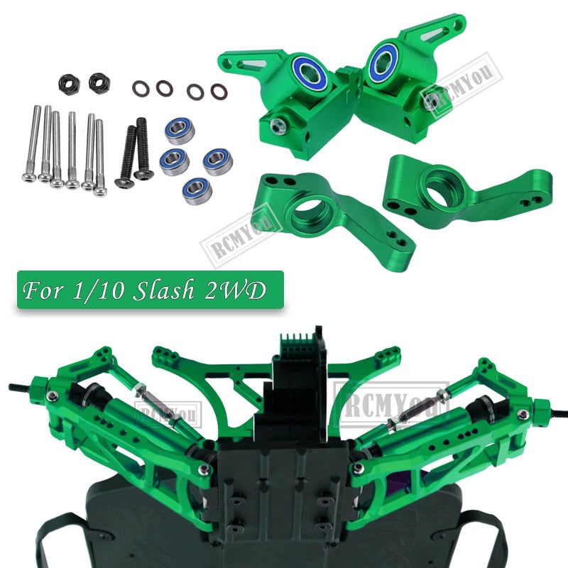 Generic RCMYou Upgrades Part for 1/10 Traxxas Slash 2WD,Alloy Front Rear Suspension Arm,Caster Block,Steering Blocks,Rear Stub Axle Carriers,Steering Block,Shock Tower,Front Bulkhead Upgrades Set,Green  - Image 2