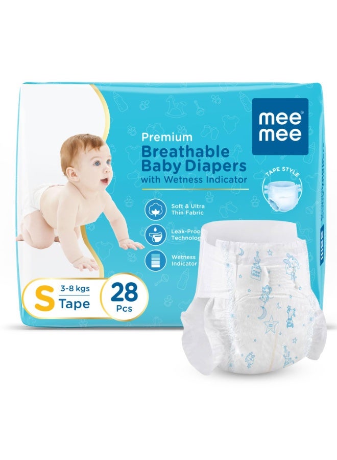 Mee Mee Premium Breathable Baby Diapers | Small Size Baby Taped Diapers | 28 PIECES | Skin Friendly, Super Absorbent, Cotton Soft with Wetness Indicator (Small, 28 PIECES)