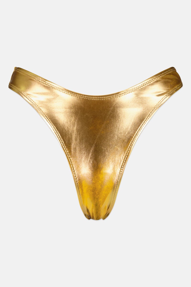 PUBLIC DESIRE Women High Leg Metallic Bikini Bottom, Gold - Image 1