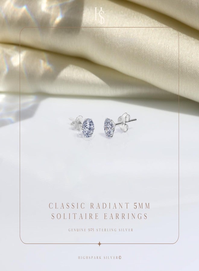 HIGHSPARK 925 Silver Solitaire Stud Earrings | 92.5 Sterling Silver & Round Brilliant Cubic Zirconia Tops for Men Women | Silver 5mm - Image 3