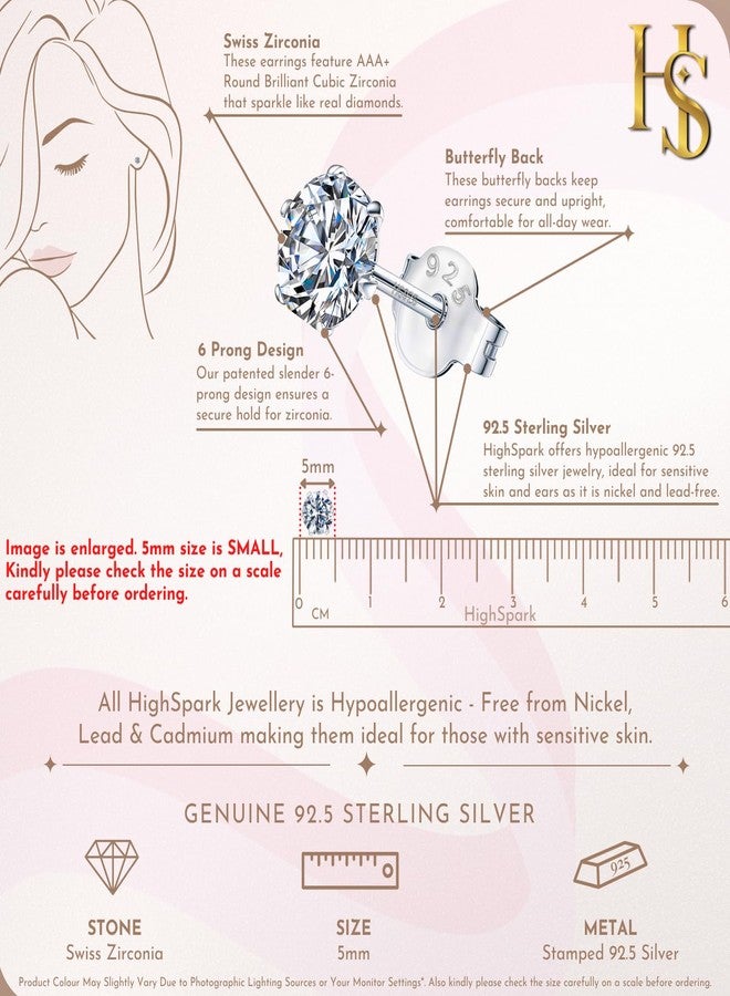HIGHSPARK 925 Silver Solitaire Stud Earrings | 92.5 Sterling Silver & Round Brilliant Cubic Zirconia Tops for Men Women | Silver 5mm - Image 2