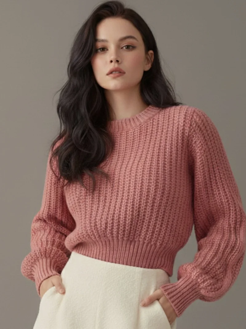 أوجيدر Pink Puff Sleeve High Neck Plain Chunky Sweater