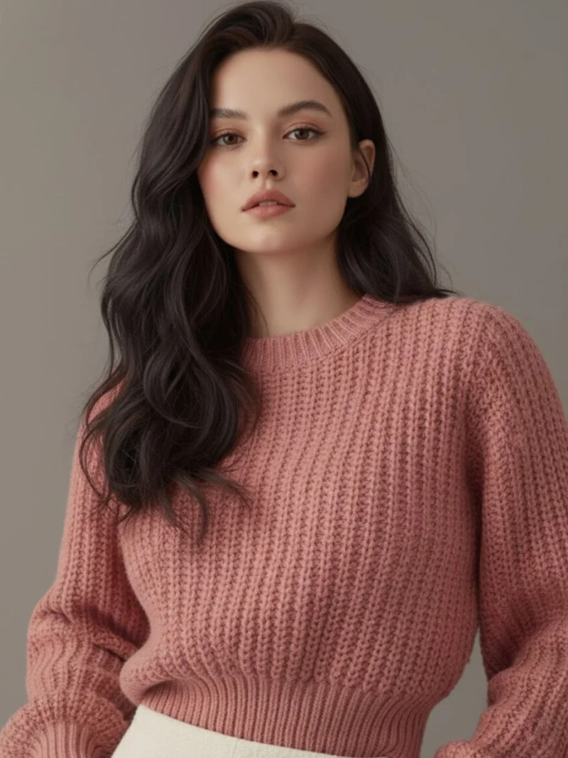 أوجيدر Pink Puff Sleeve High Neck Plain Chunky Sweater