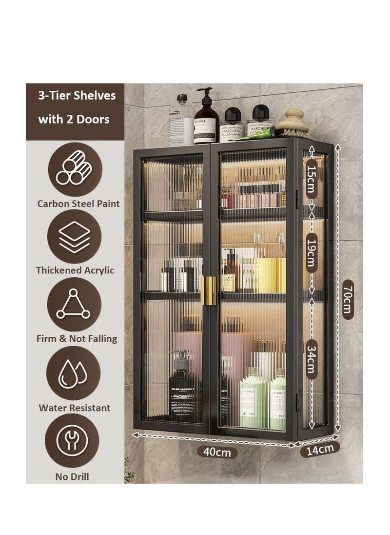 Generic Clear Door Bathroom Shelf Hanging Cabinet with Carbon Steel Frame Wall Mounted Storage Cupboard Shelf Over Toilet Dresser Waterproof Rack Large Capacity Cabinet for Kitchen Medicine (40CM-3Tier-2Door)  - Image 2