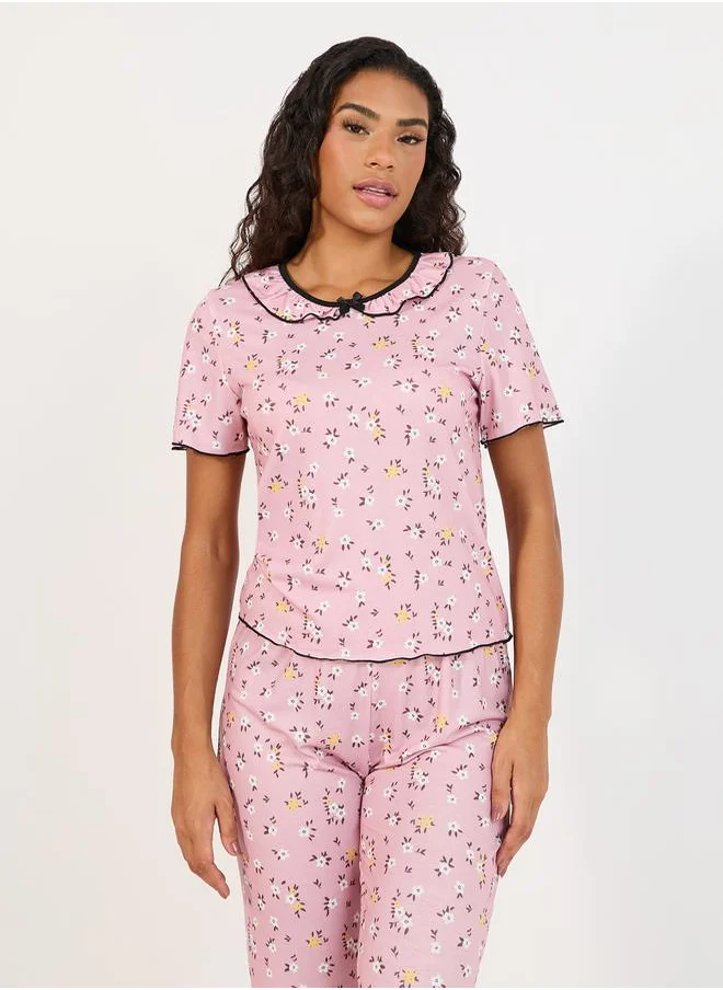 Styli All-Over Floral Print Ruffle Collar T-Shirt & Pyjama Set