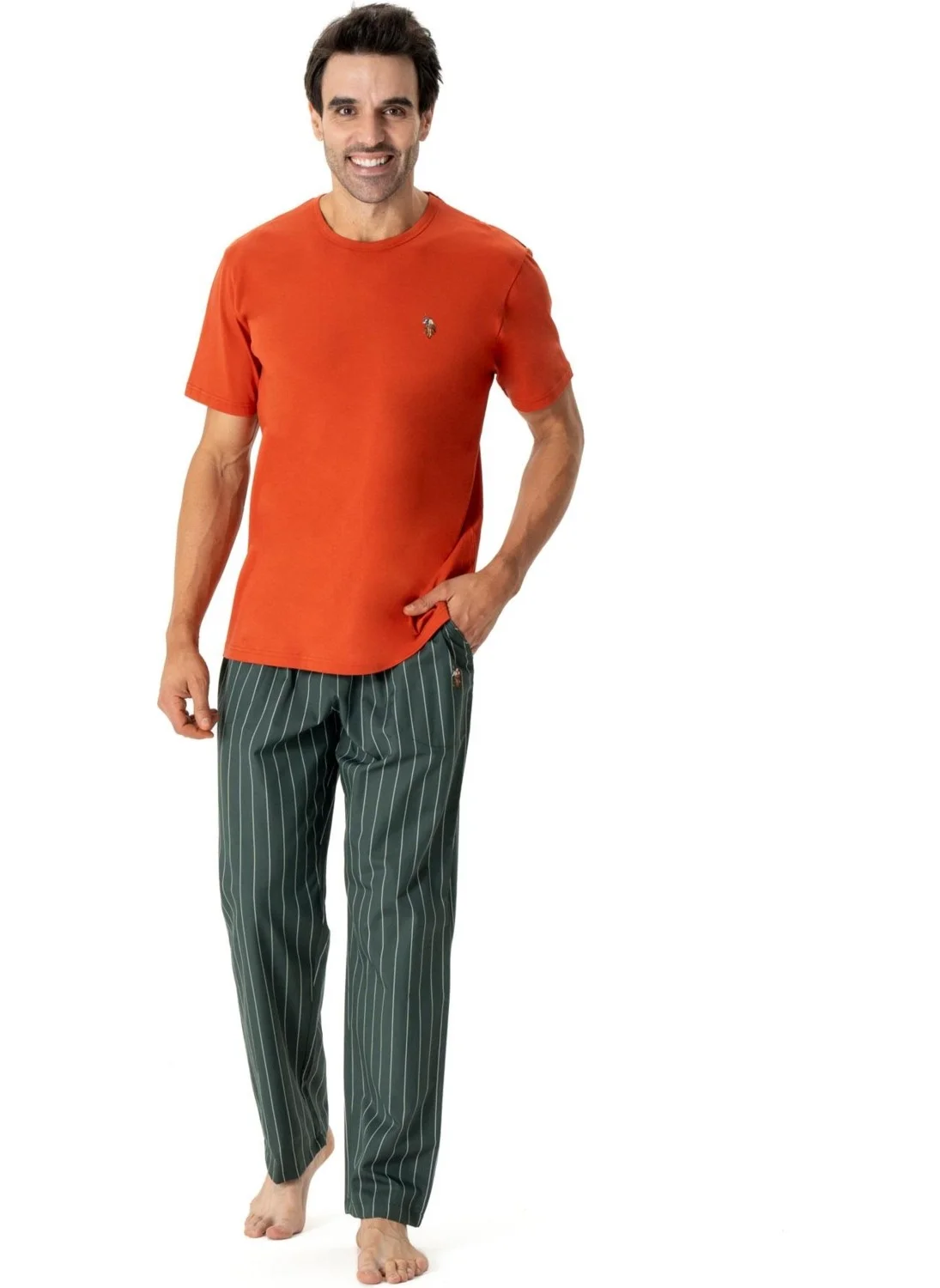 يو اس بولو اسن Men's Pajama Set, Striped Bottom, Solid Color Top