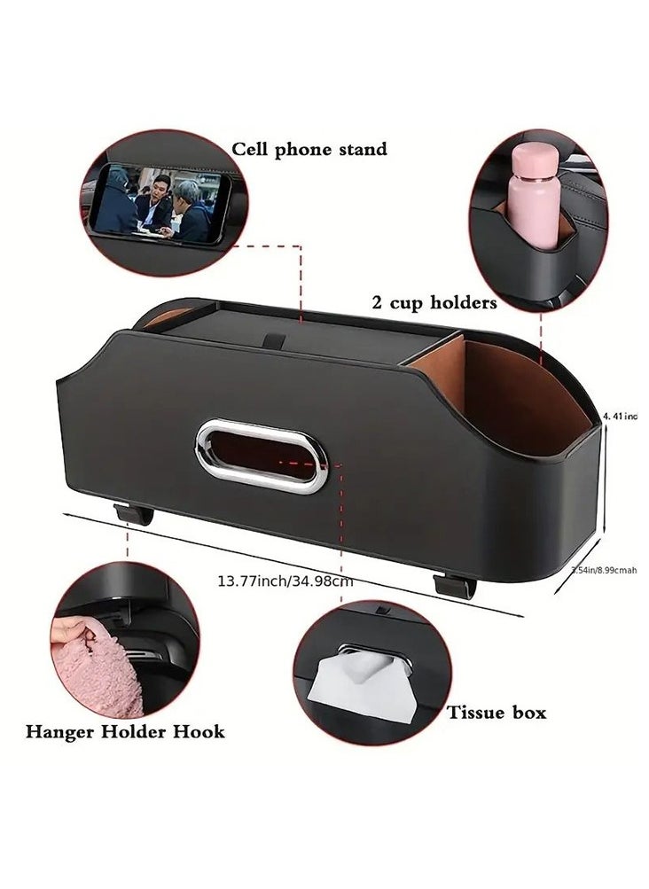 CARONIC 1 Pcs Vehicle Multifunctional Storage Box, Car Back Seat Organizer and Storage with 2 Drink Cup Holder, Premium PU Leather Universal Hanging Car Seat Back Organizer Black Color  - Image 2