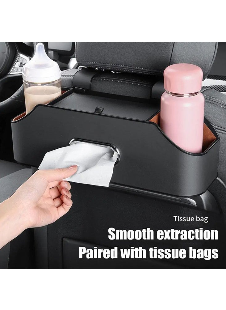 1 Pcs Vehicle Multifunctional Storage Box, Car Back Seat Organizer and Storage with 2 Drink Cup Holder, Premium PU Leather Universal Hanging Car Seat Back Organizer Black Color
