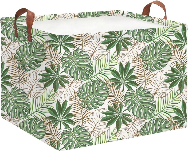 HKEC Rectangle Storage Basket with Handles,Collapsible Storage Bin,Books Box,Gift Basket(Golden Monstera) - Image 1