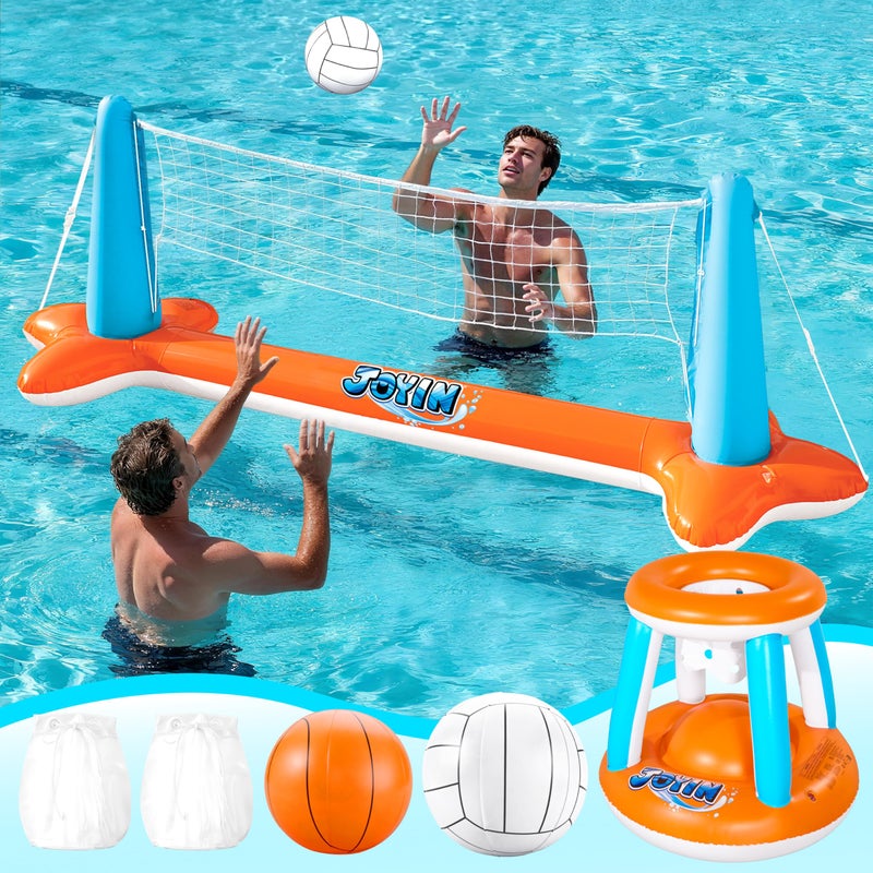 JOYIN XL Inflatable Pool Float Set, 125'' Volleyball Net & Basketball Hoops, Extra Large Floating Swimming Game Toy for Kids and Adults, Summer Floaties, Volleyball Court|Basketball, XL-Orange - Image 1