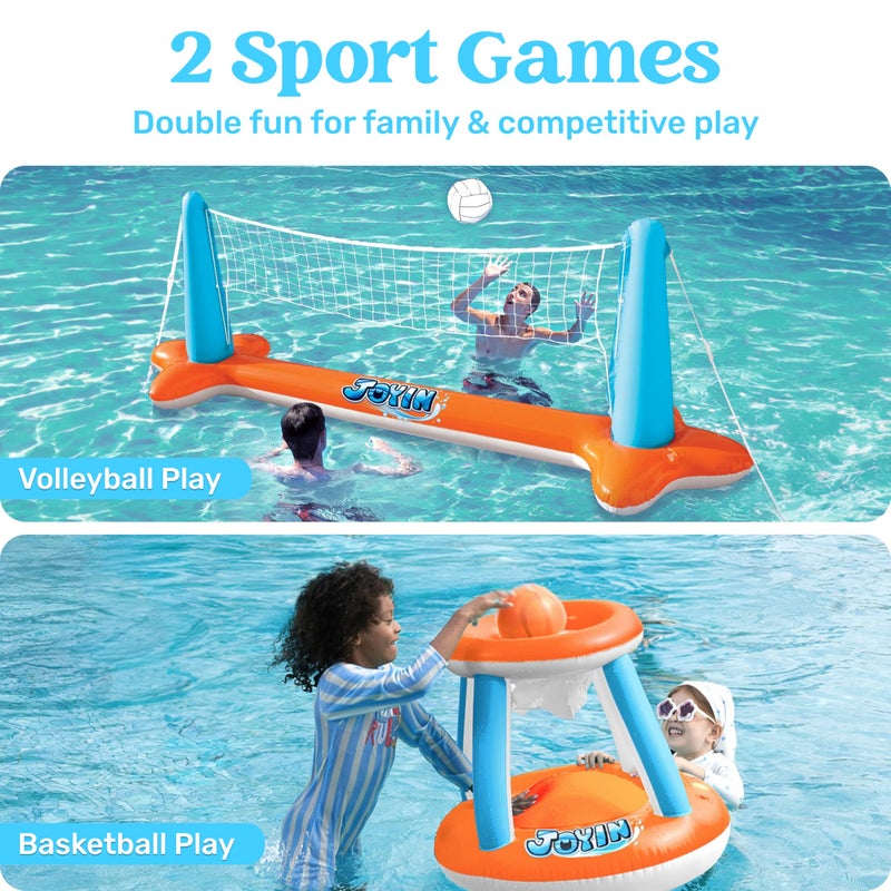 JOYIN XL Inflatable Pool Float Set, 125'' Volleyball Net & Basketball Hoops, Extra Large Floating Swimming Game Toy for Kids and Adults, Summer Floaties, Volleyball Court|Basketball, XL-Orange - Image 2