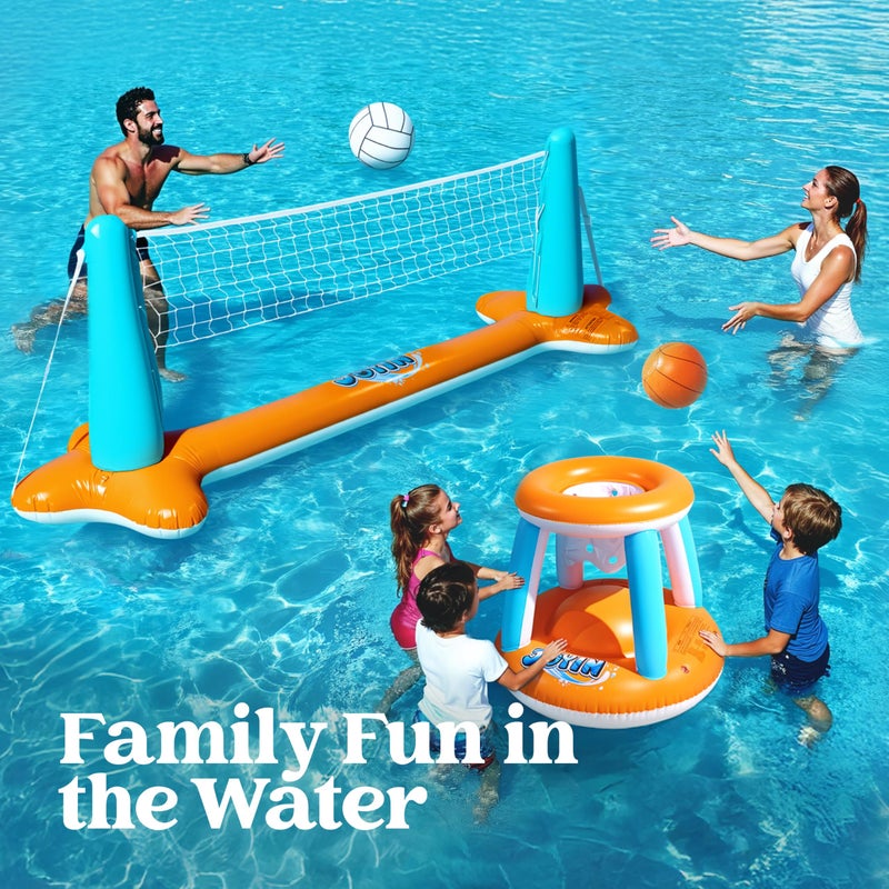 JOYIN XL Inflatable Pool Float Set, 125'' Volleyball Net & Basketball Hoops, Extra Large Floating Swimming Game Toy for Kids and Adults, Summer Floaties, Volleyball Court|Basketball, XL-Orange - Image 3