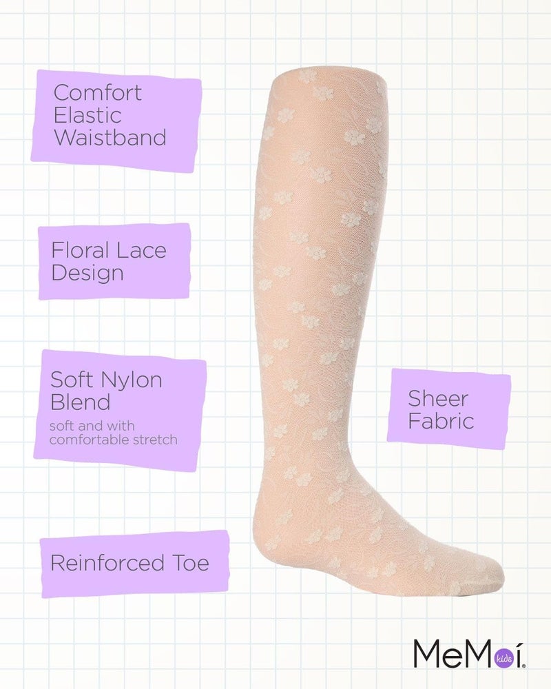 MeMoi Sweet Blossoms Sheer Tights for Girls, Ultra Soft and Lightweight Floral Lace Girls Tights - Sizes 2-14, Ivory, 6-8 - Image 3