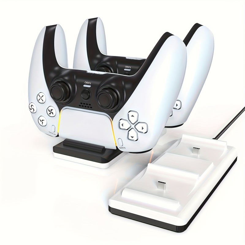 White Dual Charger Dock for PS5 Controller with Indicator Light USB Cable - Image 1