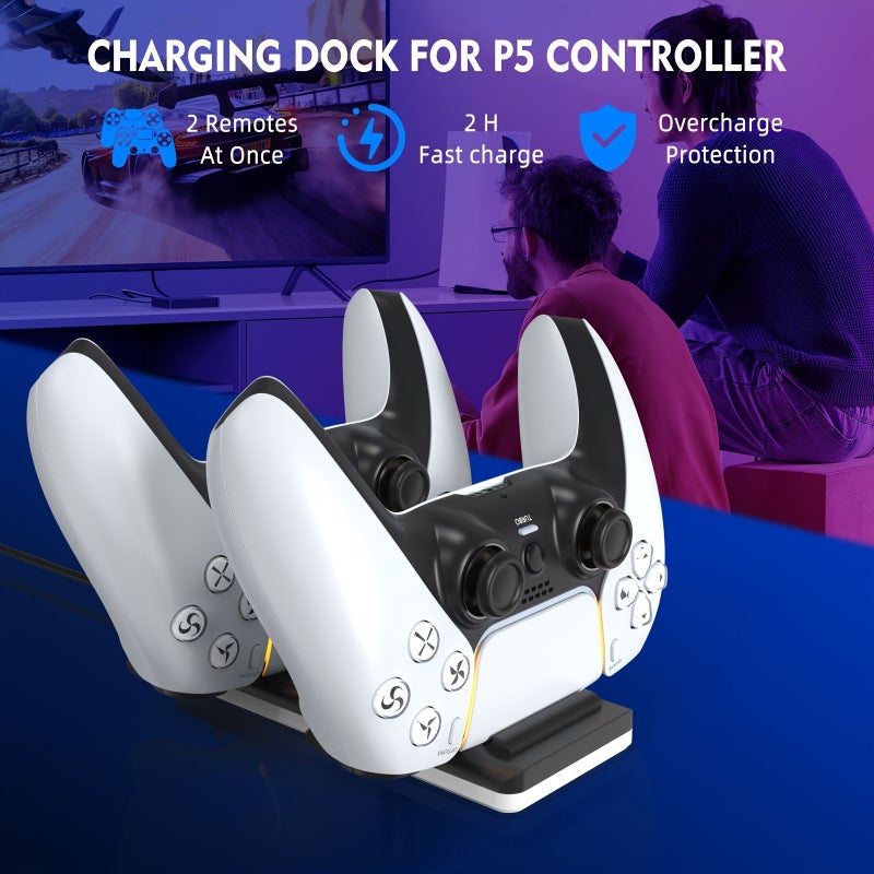 White Dual Charger Dock for PS5 Controller with Indicator Light USB Cable - Image 3