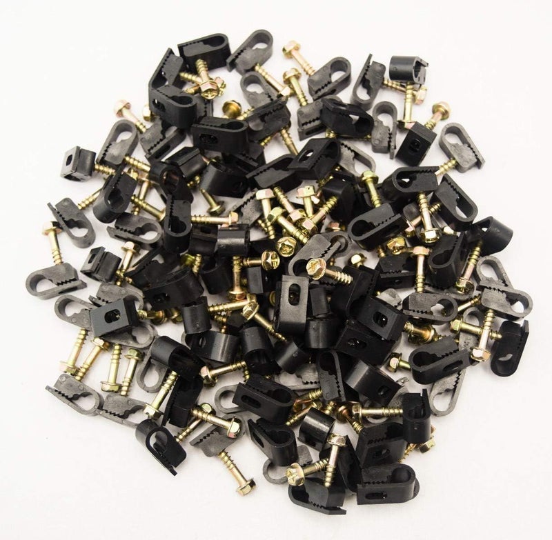Stanz (TM) Flex Single Coaxial Cable Clips, Cat6, Electrical Wire Cable Clip, 1/4 in (6 mm) Screw Clip and Fastener, Black (100 Pieces per Bag) - Image 1