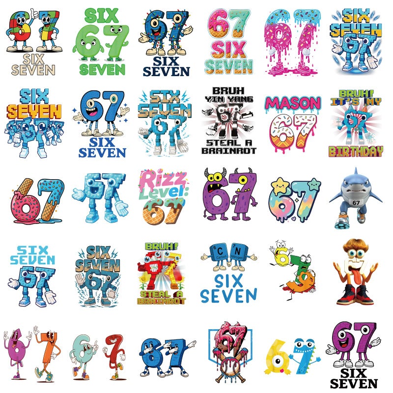 INCOK Iron on Transfers for T-Shirts - 30 Pcs DIY 67 Shirt, Funny DTF Transfers Ready to Press, Colorful Six Seven Iron on Vinyl Design, Heat Transfer Stickers for Clothes Pillows Bag DIY Crafts - Image 2