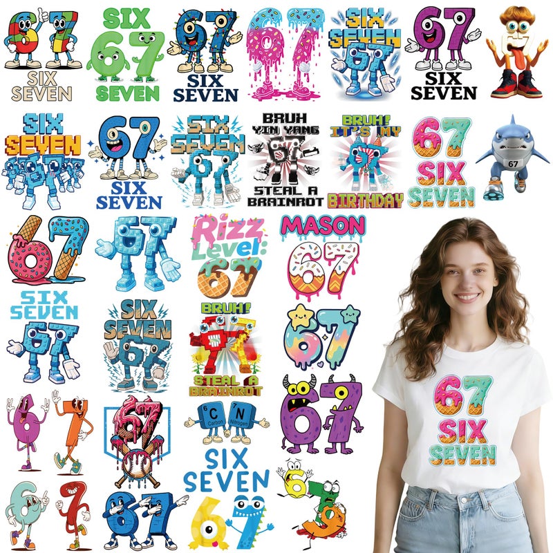 INCOK Iron on Transfers for T-Shirts - 30 Pcs DIY 67 Shirt, Funny DTF Transfers Ready to Press, Colorful Six Seven Iron on Vinyl Design, Heat Transfer Stickers for Clothes Pillows Bag DIY Crafts - Image 1