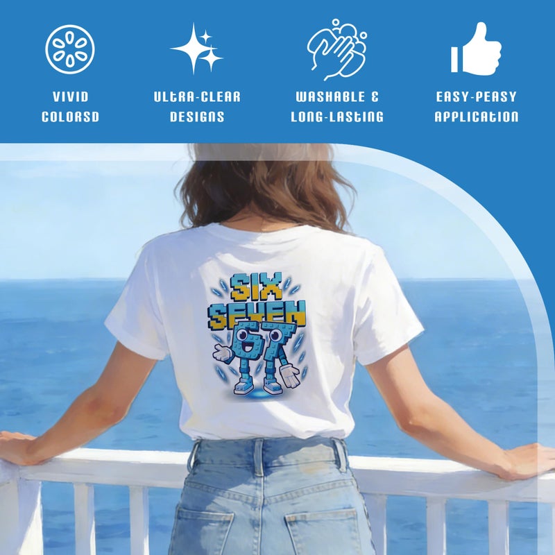 INCOK Iron on Transfers for T-Shirts - 30 Pcs DIY 67 Shirt, Funny DTF Transfers Ready to Press, Colorful Six Seven Iron on Vinyl Design, Heat Transfer Stickers for Clothes Pillows Bag DIY Crafts - Image 4